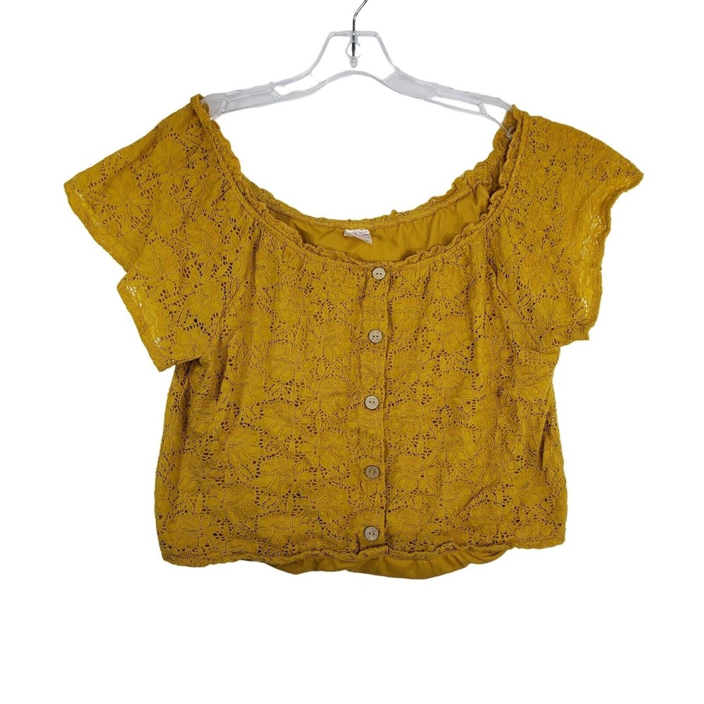 No Boundaries Womens XL Off Shoulder Crop Top Lace Mustard Yellow Boho Festival